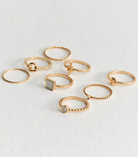 Gold Tone Pack of 8 Faux Stone Thin Rings