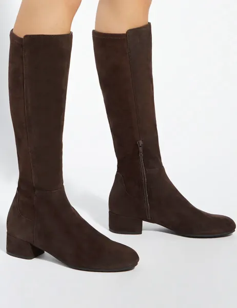 Dune London Suede Block Heel Knee High Boots Brown