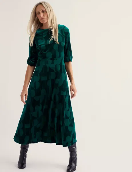 Seasalt Cornwall Velvet Geometric Midaxi Dress Teal Mix