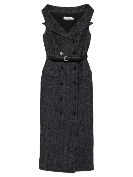 Navy Herringbone Wool Midi Dress