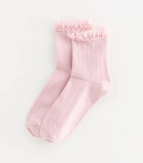 Pink Cable Frill Trim Socks