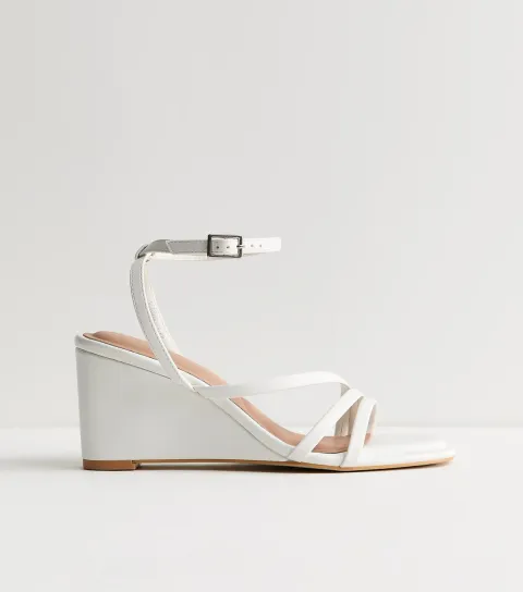 Women's White Faux Leather Strappy Wedge Sandals Vegan