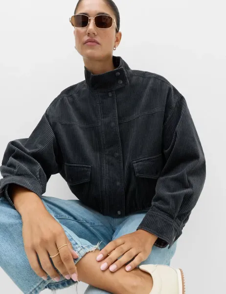 Marks & Spencer Pure Cotton Cord Funnel Neck Bomber Jacket Grey Blue