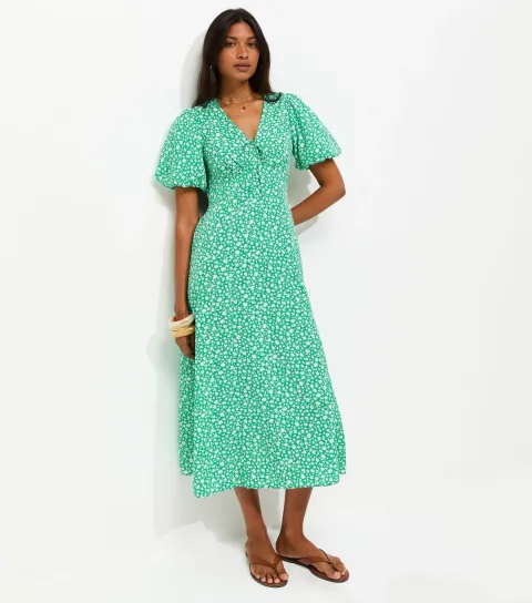 Women's Green Crepe Ditsy Print Puff Sleeve Tie Front Midi Dress