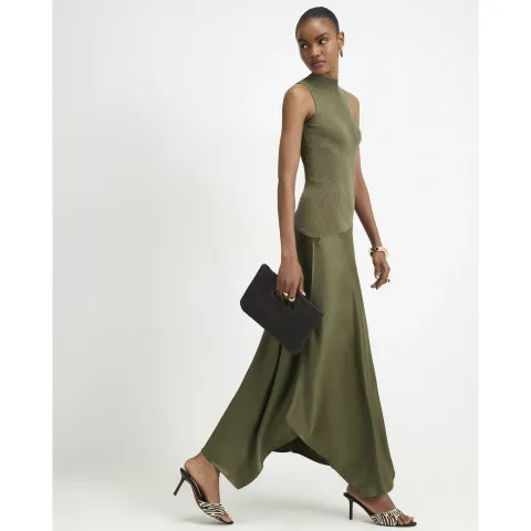 River Island Hybrid Satin Knit Asymmetric Hem Dress