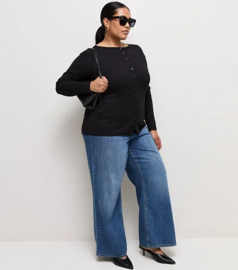 Women's Plus Size Black Cotton Rich Long Sleeve Button Front Top Curves