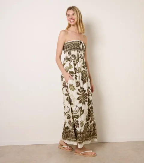 Blue Vanilla Women's Khaki Floral Print Bandeau Dress