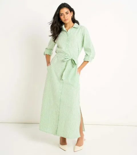Women's Green Striped Long Sleeved Midi Shirt Dress
