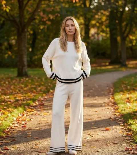 Women's White Contrast Trim Top and Trousers Set