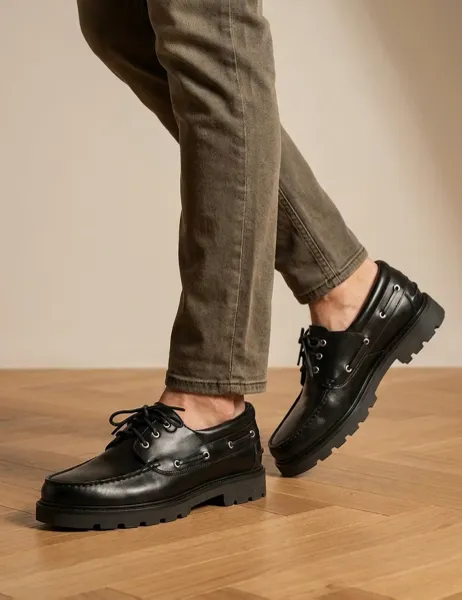 Jones Bootmaker Leather Chunky Lace Up Moccasins Black