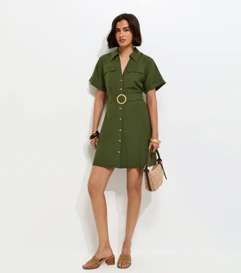 Women's Khaki With Cotton Belted Mini Shirt Dress