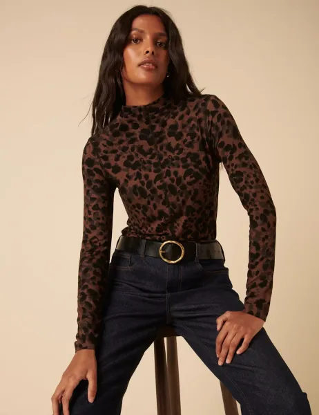 Nobody's Child Animal Print High Neck Top Brown