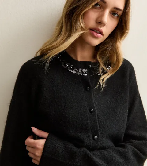 Women's Black Sequin Neck Trim Cardigan