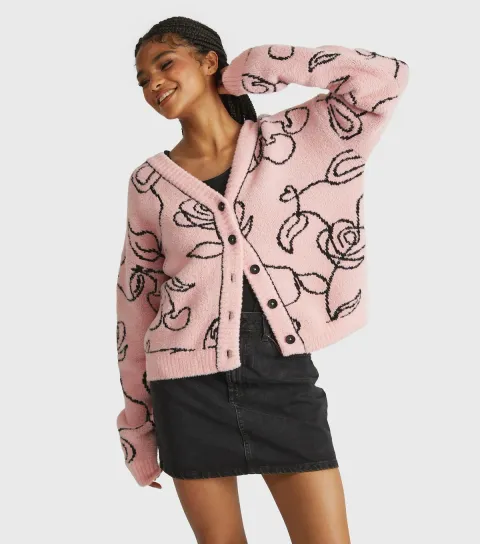Women's Light Pink Rose Design Cardigan