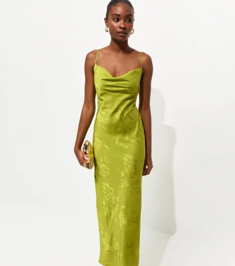 Women's Bright Green Floral Jacquard Cowl Neck Strappy Midi Dress