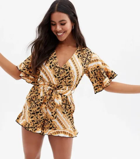 Women's White Chain Crepe Frill Beach Playsuit