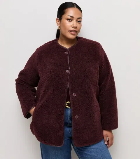 New Look Women's Plus Size Dark Burgundy Borg Texture Buttoned Jacket Curves