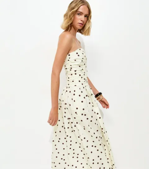 Women's White Polka Dot Ruched Bandeau Midi Dress