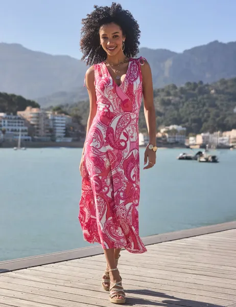SOSANDAR Paisley Print Ruched Wrap Midaxi Dress Pink Mix
