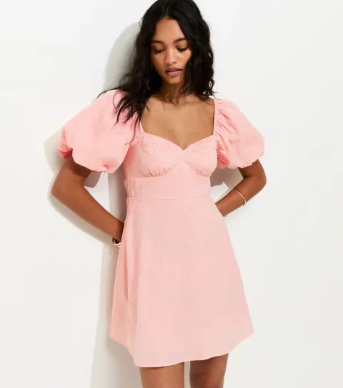 Women's Light Pink Floral Puff Sleeve Mini Dress