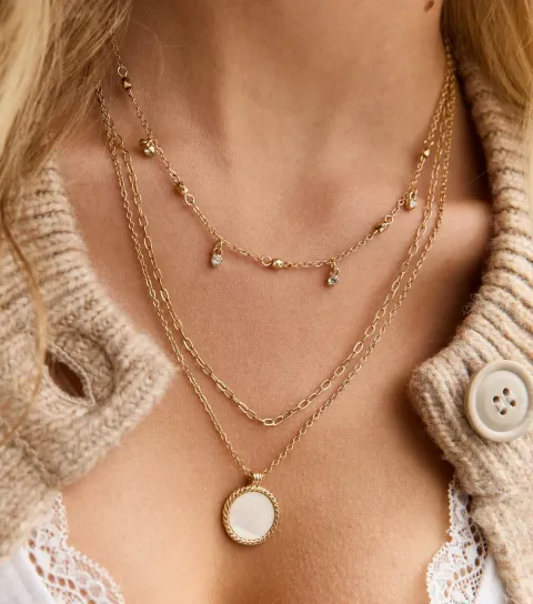 Gold-Tone 3 Layer Multi Chain Faux Semi Precious Pendant Necklace