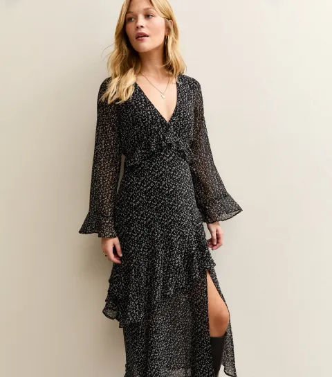 Women's Black Ditsy Print Chiffon Ruffle Trim Midi Dress