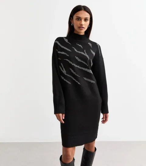 Women's Black Sequinned Zebra Pattern Jumper Dress
