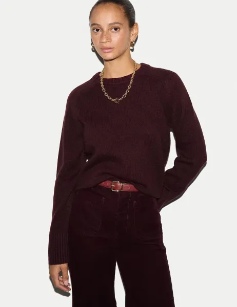 Jigsaw Wool Rich Saddle Crew Neck Jumper Burgundy