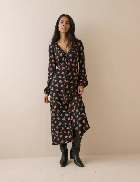 Nobody's Child Floral V-Neck Midi Tea Dress Black