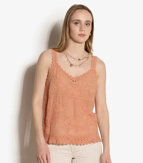 Women's Light Pink Cotton Floral Embroidered Top