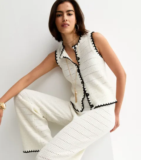 Women's Cream Cotton Rich Blanket Stitch Wide Leg Trousers