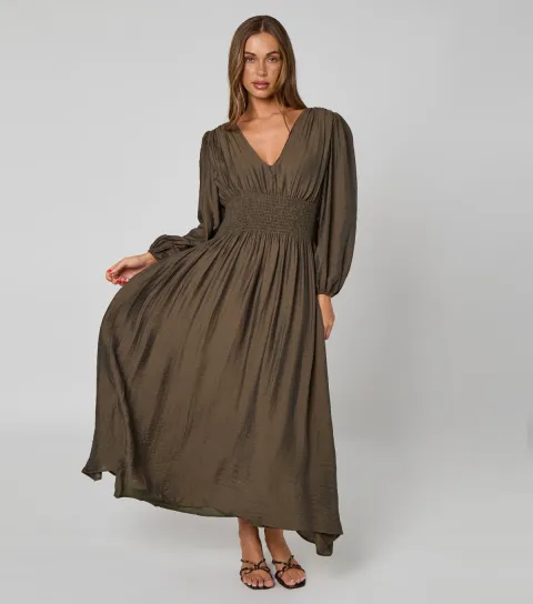 Women's Dark Khaki Long Sleeve Elasticated Waist Maxi Dress