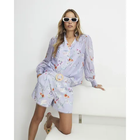 River Island Linen Blend Floral Long Sleeve Blouse