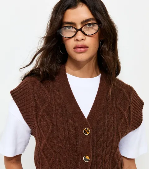 New Look Women's Dark Brown Cable Knit V-Neck Waistcoat