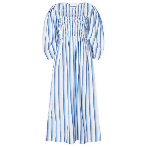 Stripe Cotton Open-neck Smock Long Dress