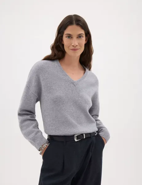 HUSH Relaxed V Neck Long Sleeve Jumper With Wool Grey Marl