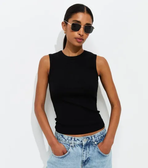 Women's Black Cotton Rich Ribbed Tank Top