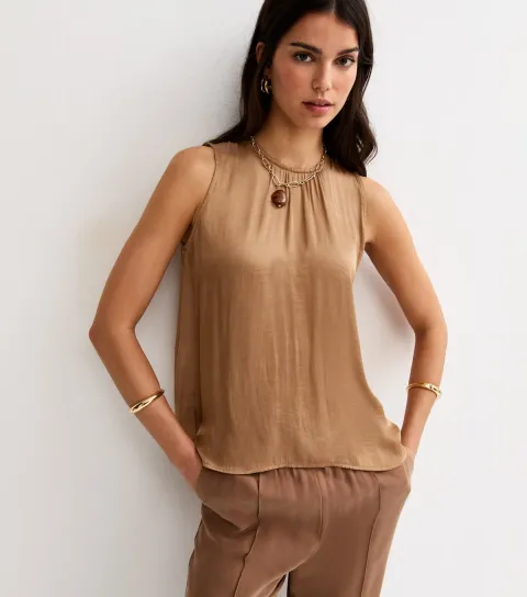 Women's Light Brown Satin Sleeveless Top