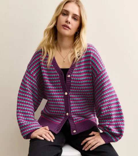 Women's Purple Oversized Striped Cardigan