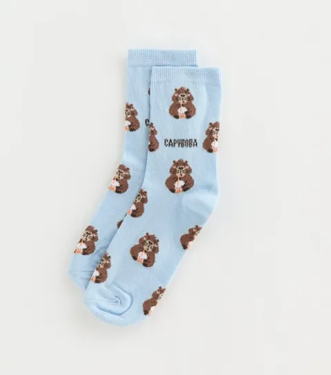 Light Blue Capyboba Capybara Patterned Ankle Socks