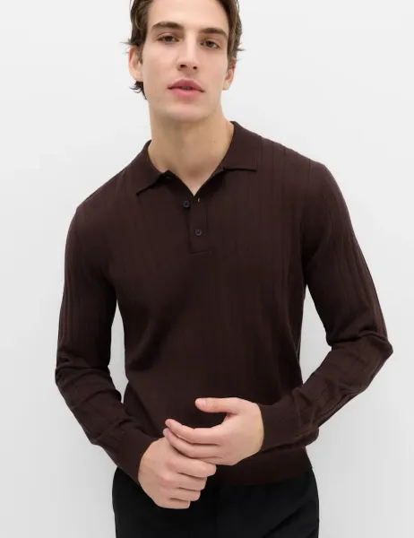 Marks & Spencer Cotton Blend Smart Rib Knit Polo Shirt Bordeaux