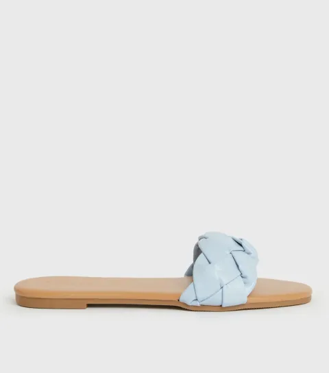 Women's Wide Fit Pale Blue Plaited Open Toe Sliders Vegan