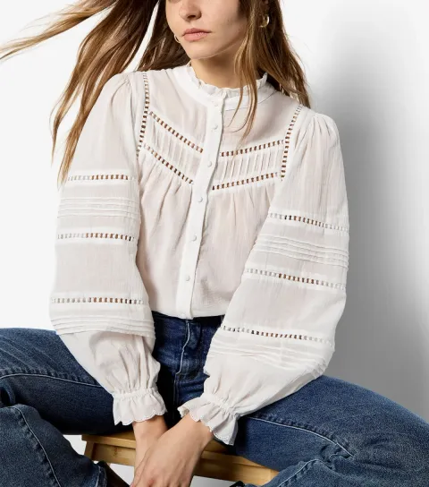 Women's White Cotton Pintuck Puff Sleeve Shirt