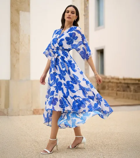 Women's Blue Floral Print Wrap Midi Dress