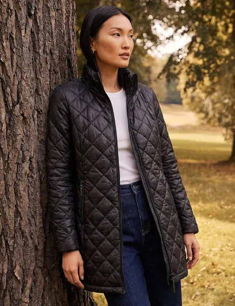 Roman Two Tone Diamond Quilted Coat Black Mix