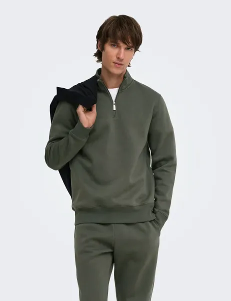 Only & Sons Brushed Cotton Rich Half Zip Sweatshirt Brown