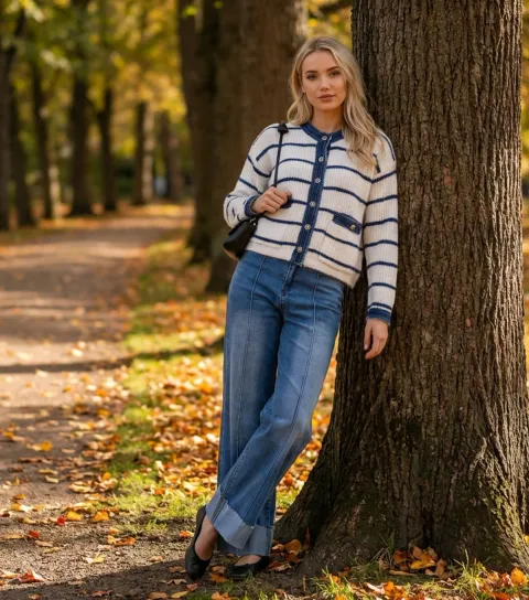 Women's Off White Striped Denim Trim Cardigan
