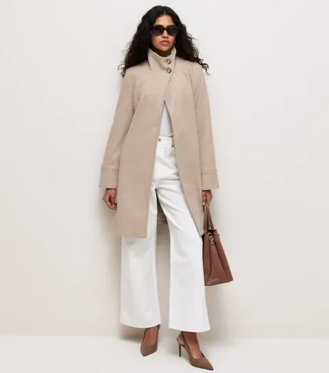 New Look Women's Stone Woven Funnel Neck Button Coat
