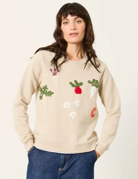 FatFace Pure Cotton Crochet-Style Detail Sweatshirt Ivory Mix