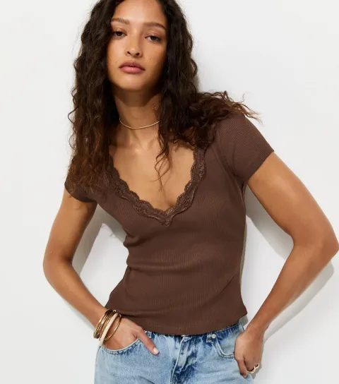 New Look Women's Dark Brown V Neck Lace Trim Top